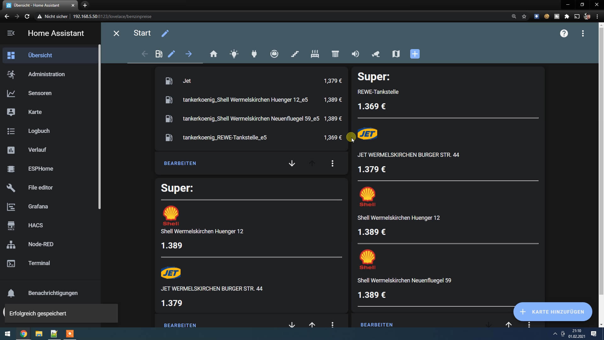 Benzinpreise in Home Assistant sortieren und anzeigen mit Tankerkönig